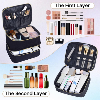 Double Layer Makeup Bag Portable Large Cosmetic Case Organizer with Adjustable Dividers Storage Travel Bag for Accessories Brushes Conditioner and Skin Care Products (Black)