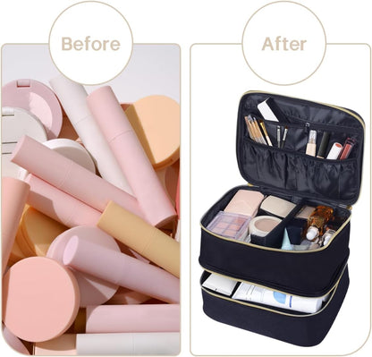 Double Layer Makeup Bag Portable Large Cosmetic Case Organizer with Adjustable Dividers Storage Travel Bag for Accessories Brushes Conditioner and Skin Care Products (Black)