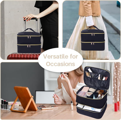 Double Layer Makeup Bag Portable Large Cosmetic Case Organizer with Adjustable Dividers Storage Travel Bag for Accessories Brushes Conditioner and Skin Care Products (Black)