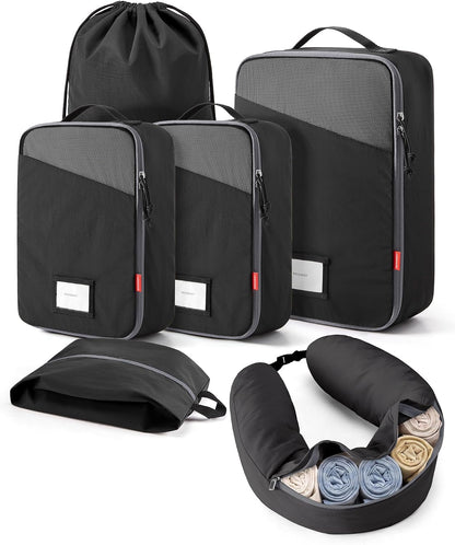 6 Set Packing Cubes for Travel with Budget Airline Neck Pillow | Travel essentials, Premium Taslan luggage organizers for all suitcases, Ultimate budget airline hack, 100% Personal item safe