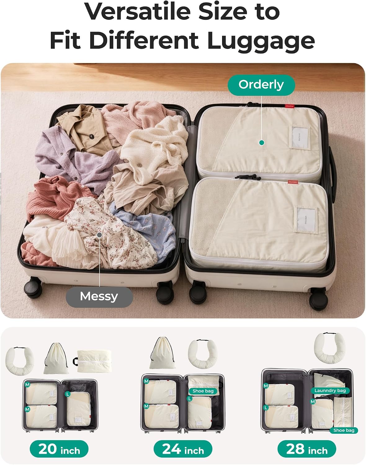6 Set Packing Cubes for Travel with Budget Airline Neck Pillow | Travel essentials, Premium Taslan luggage organizers for all suitcases, Ultimate budget airline hack, 100% Personal item safe