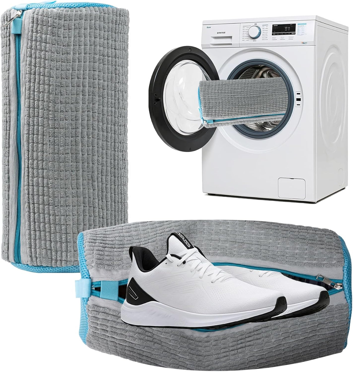Shoe Washing Machine Bag - Fluffy Fibers Shoe Laundry Bag for Washer and Dryer - Adjustable Shoe Bag for Washing Machine (1, Yellow and Blue)