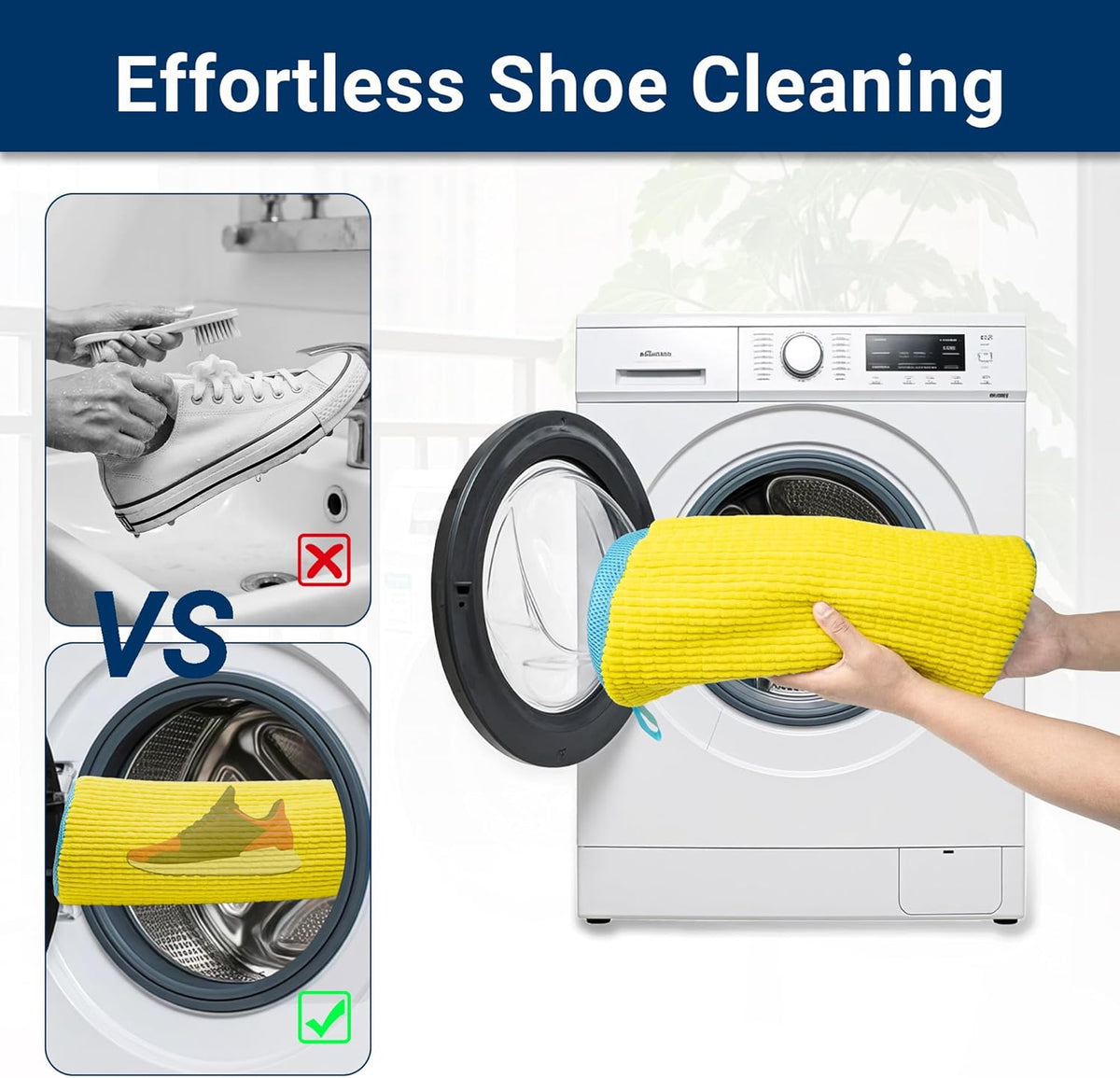 Shoe Washing Machine Bag - Fluffy Fibers Shoe Laundry Bag for Washer and Dryer - Adjustable Shoe Bag for Washing Machine (1, Yellow and Blue)