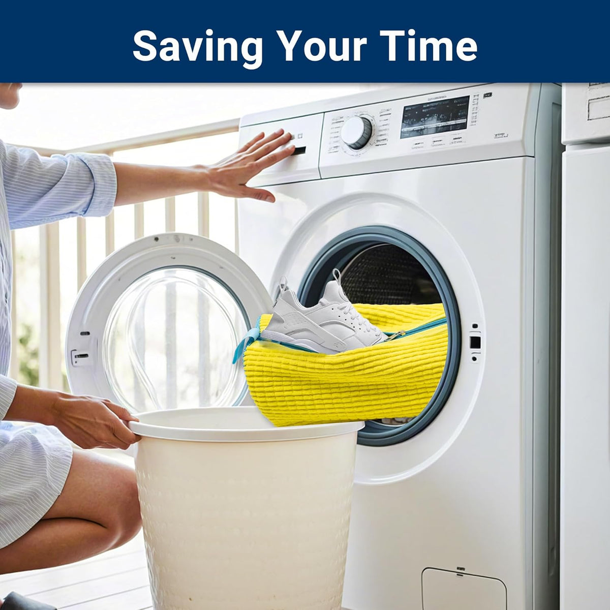 Shoe Washing Machine Bag - Fluffy Fibers Shoe Laundry Bag for Washer and Dryer - Adjustable Shoe Bag for Washing Machine (1, Yellow and Blue)