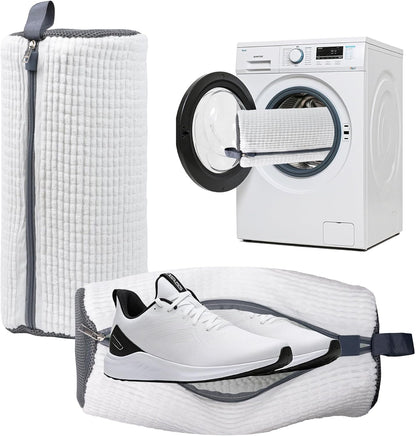 Shoe Washing Machine Bag - Fluffy Fibers Shoe Laundry Bag for Washer and Dryer - Adjustable Shoe Bag for Washing Machine (1, Yellow and Blue)