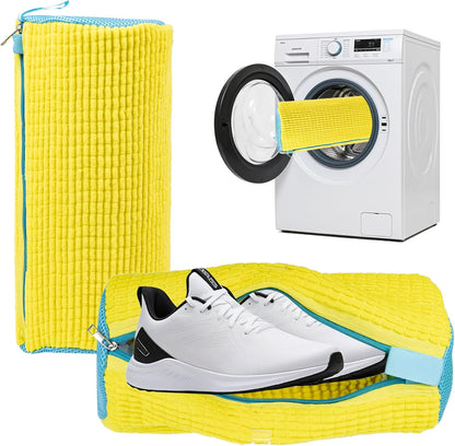 Shoe Washing Machine Bag - Fluffy Fibers Shoe Laundry Bag for Washer and Dryer - Adjustable Shoe Bag for Washing Machine (1, Yellow and Blue)