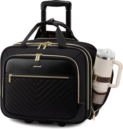 Rolling Laptop Bag Women, 17.3 Inch Laptop Briefcase with Wheels, Soft Sided Underseat Carry On Luggage Personal Item Suitcase for Work Travel Business, Black Brown Beige