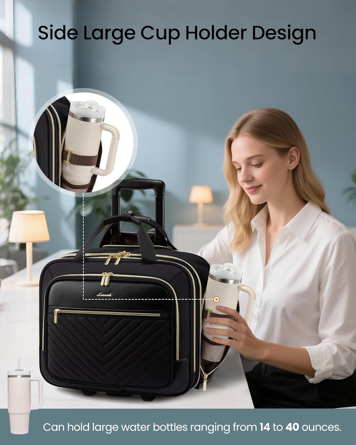 Rolling Laptop Bag Women, 17.3 Inch Laptop Briefcase with Wheels, Soft Sided Underseat Carry On Luggage Personal Item Suitcase for Work Travel Business, Black Brown Beige