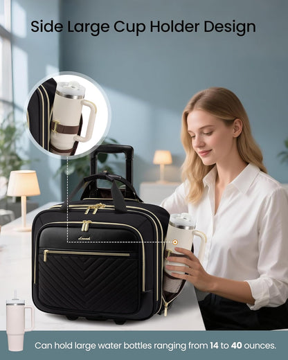 Rolling Laptop Bag Women, 17.3 Inch Laptop Briefcase with Wheels, Soft Sided Underseat Carry On Luggage Personal Item Suitcase for Work Travel Business, Black Brown Beige