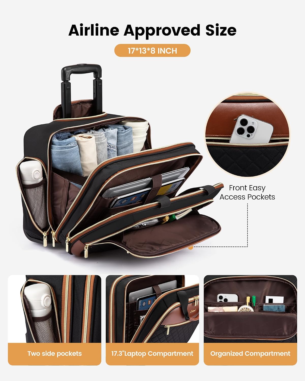 Rolling Laptop Bag Women, 17.3 Inch Laptop Briefcase with Wheels, Soft Sided Underseat Carry On Luggage Personal Item Suitcase for Work Travel Business, Black Brown Beige