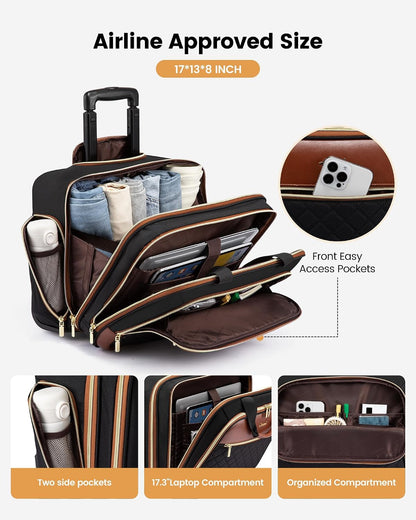 Rolling Laptop Bag Women, 17.3 Inch Laptop Briefcase with Wheels, Soft Sided Underseat Carry On Luggage Personal Item Suitcase for Work Travel Business, Black Brown Beige