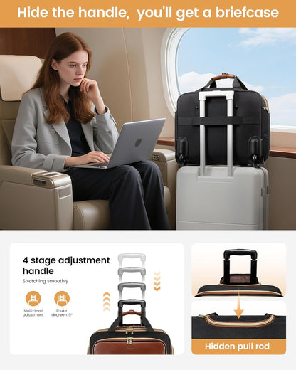 Rolling Laptop Bag Women, 17.3 Inch Laptop Briefcase with Wheels, Soft Sided Underseat Carry On Luggage Personal Item Suitcase for Work Travel Business, Black Brown Beige