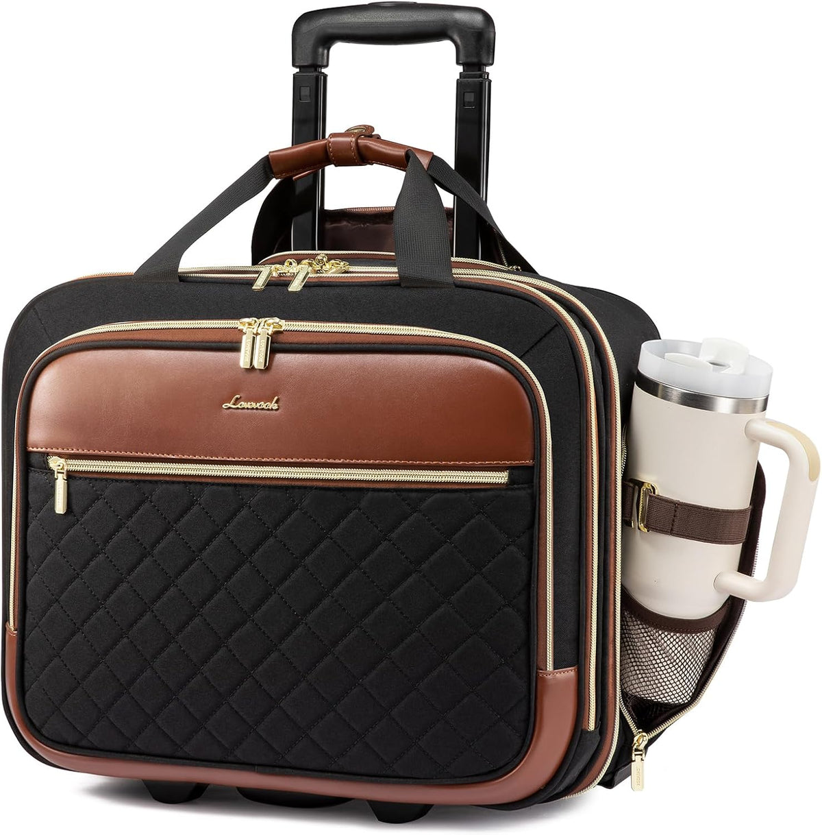 Rolling Laptop Bag Women, 17.3 Inch Laptop Briefcase with Wheels, Soft Sided Underseat Carry On Luggage Personal Item Suitcase for Work Travel Business, Black Brown Beige