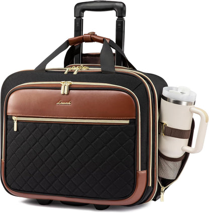 Rolling Laptop Bag Women, 17.3 Inch Laptop Briefcase with Wheels, Soft Sided Underseat Carry On Luggage Personal Item Suitcase for Work Travel Business, Black Brown Beige