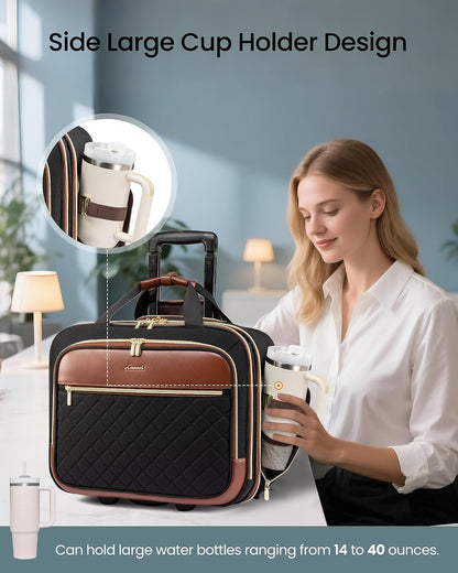 Rolling Laptop Bag Women, 17.3 Inch Laptop Briefcase with Wheels, Soft Sided Underseat Carry On Luggage Personal Item Suitcase for Work Travel Business, Black Brown Beige