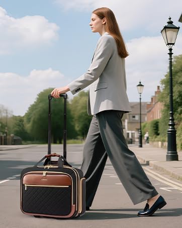 Rolling Laptop Bag Women, 17.3 Inch Laptop Briefcase with Wheels, Soft Sided Underseat Carry On Luggage Personal Item Suitcase for Work Travel Business, Black Brown Beige
