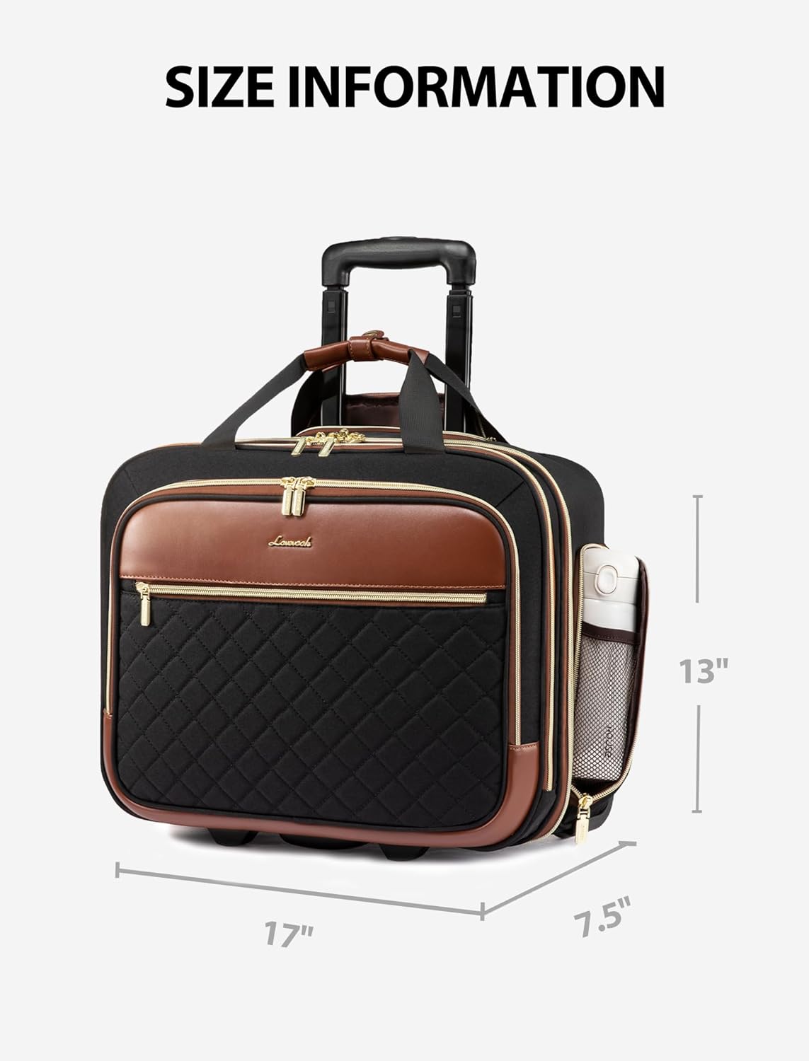 Rolling Laptop Bag Women, 17.3 Inch Laptop Briefcase with Wheels, Soft Sided Underseat Carry On Luggage Personal Item Suitcase for Work Travel Business, Black Brown Beige