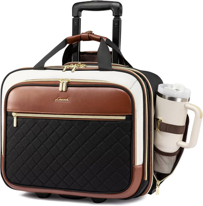 Rolling Laptop Bag Women, 17.3 Inch Laptop Briefcase with Wheels, Soft Sided Underseat Carry On Luggage Personal Item Suitcase for Work Travel Business, Black Brown Beige