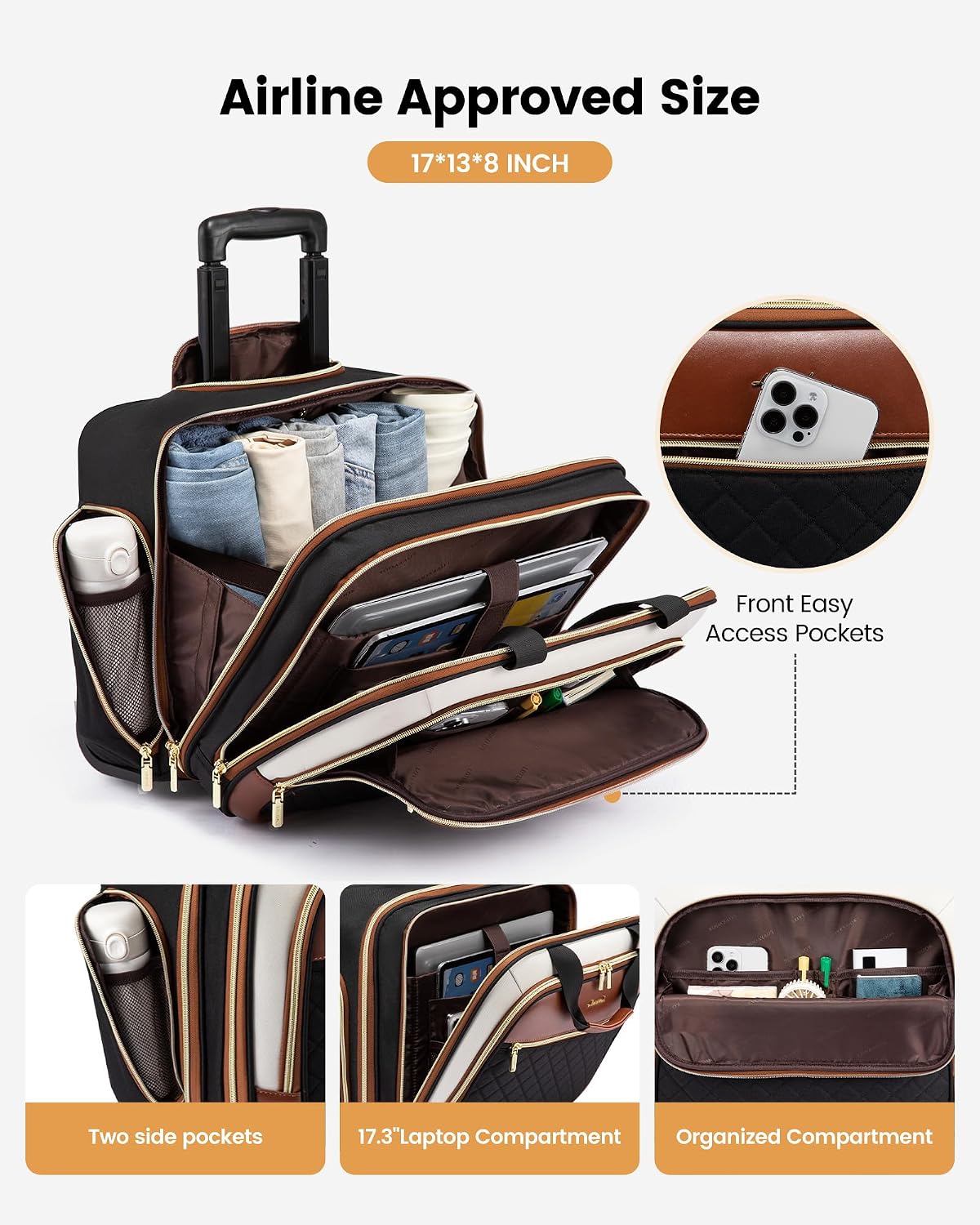 Rolling Laptop Bag Women, 17.3 Inch Laptop Briefcase with Wheels, Soft Sided Underseat Carry On Luggage Personal Item Suitcase for Work Travel Business, Black Brown Beige