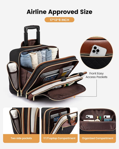 Rolling Laptop Bag Women, 17.3 Inch Laptop Briefcase with Wheels, Soft Sided Underseat Carry On Luggage Personal Item Suitcase for Work Travel Business, Black Brown Beige