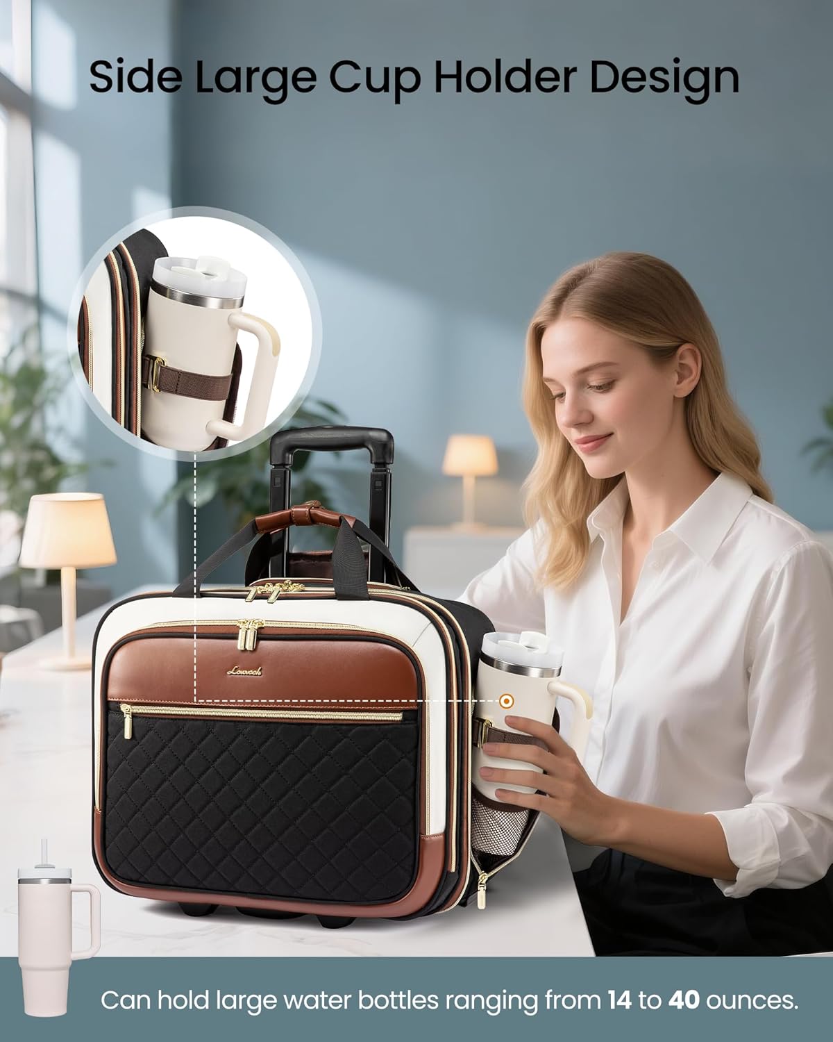 Rolling Laptop Bag Women, 17.3 Inch Laptop Briefcase with Wheels, Soft Sided Underseat Carry On Luggage Personal Item Suitcase for Work Travel Business, Black Brown Beige