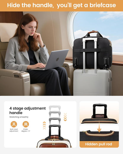 Rolling Laptop Bag Women, 17.3 Inch Laptop Briefcase with Wheels, Soft Sided Underseat Carry On Luggage Personal Item Suitcase for Work Travel Business, Black Brown Beige