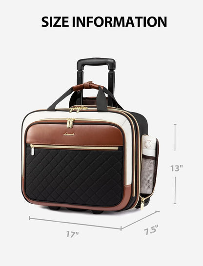 Rolling Laptop Bag Women, 17.3 Inch Laptop Briefcase with Wheels, Soft Sided Underseat Carry On Luggage Personal Item Suitcase for Work Travel Business, Black Brown Beige