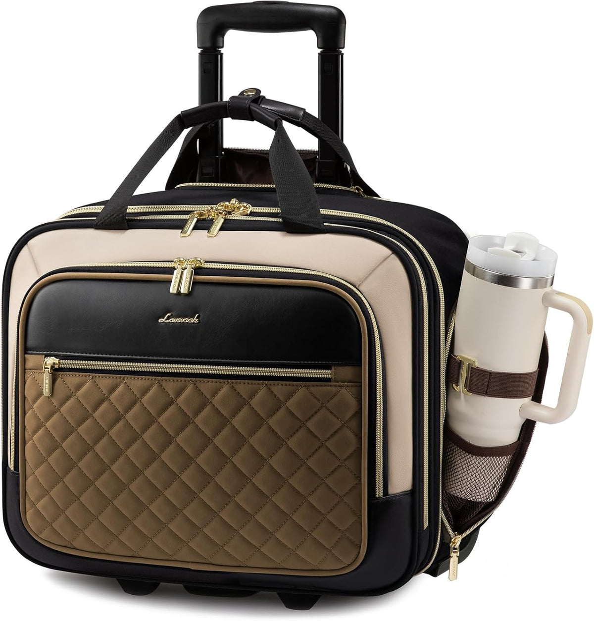 Rolling Laptop Bag Women, 17.3 Inch Laptop Briefcase with Wheels, Soft Sided Underseat Carry On Luggage Personal Item Suitcase for Work Travel Business, Black Brown Beige