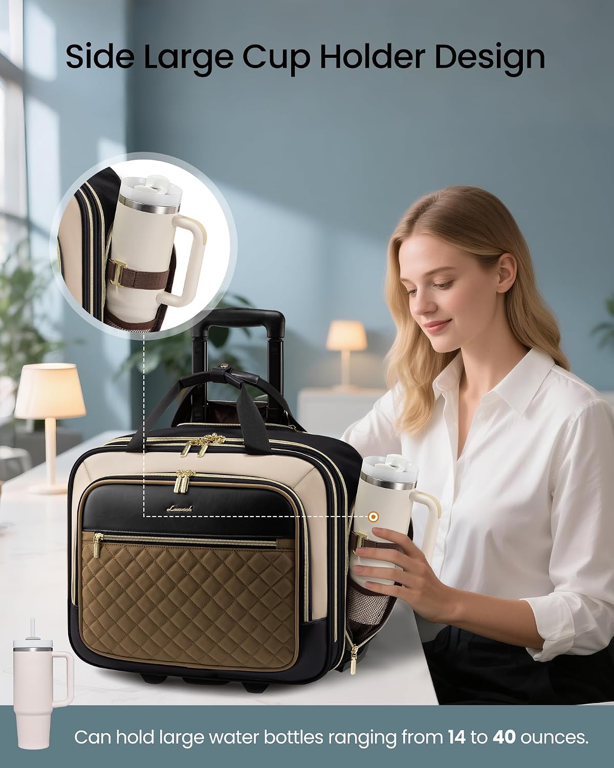 Rolling Laptop Bag Women, 17.3 Inch Laptop Briefcase with Wheels, Soft Sided Underseat Carry On Luggage Personal Item Suitcase for Work Travel Business, Black Brown Beige