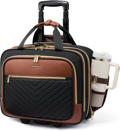 Rolling Laptop Bag Women, 17.3 Inch Laptop Briefcase with Wheels, Soft Sided Underseat Carry On Luggage Personal Item Suitcase for Work Travel Business, Black Brown Beige