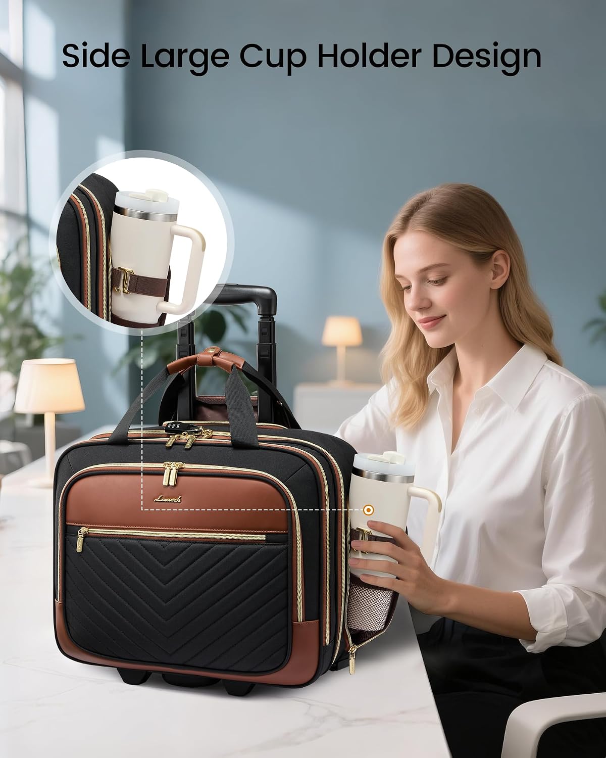 Rolling Laptop Bag Women, 17.3 Inch Laptop Briefcase with Wheels, Soft Sided Underseat Carry On Luggage Personal Item Suitcase for Work Travel Business, Black Brown Beige