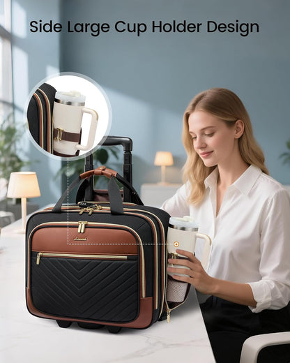 Rolling Laptop Bag Women, 17.3 Inch Laptop Briefcase with Wheels, Soft Sided Underseat Carry On Luggage Personal Item Suitcase for Work Travel Business, Black Brown Beige