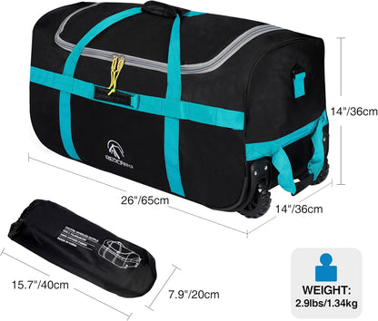 26" Rolling Duffle Bag with Wheels, 85L Foldable Gym Duffel Bag | Collapsible Check-in Heavy Duty Carry-on Wheeled Roller Duffle Bag for Men Women Luggage, Fit airline, Navy