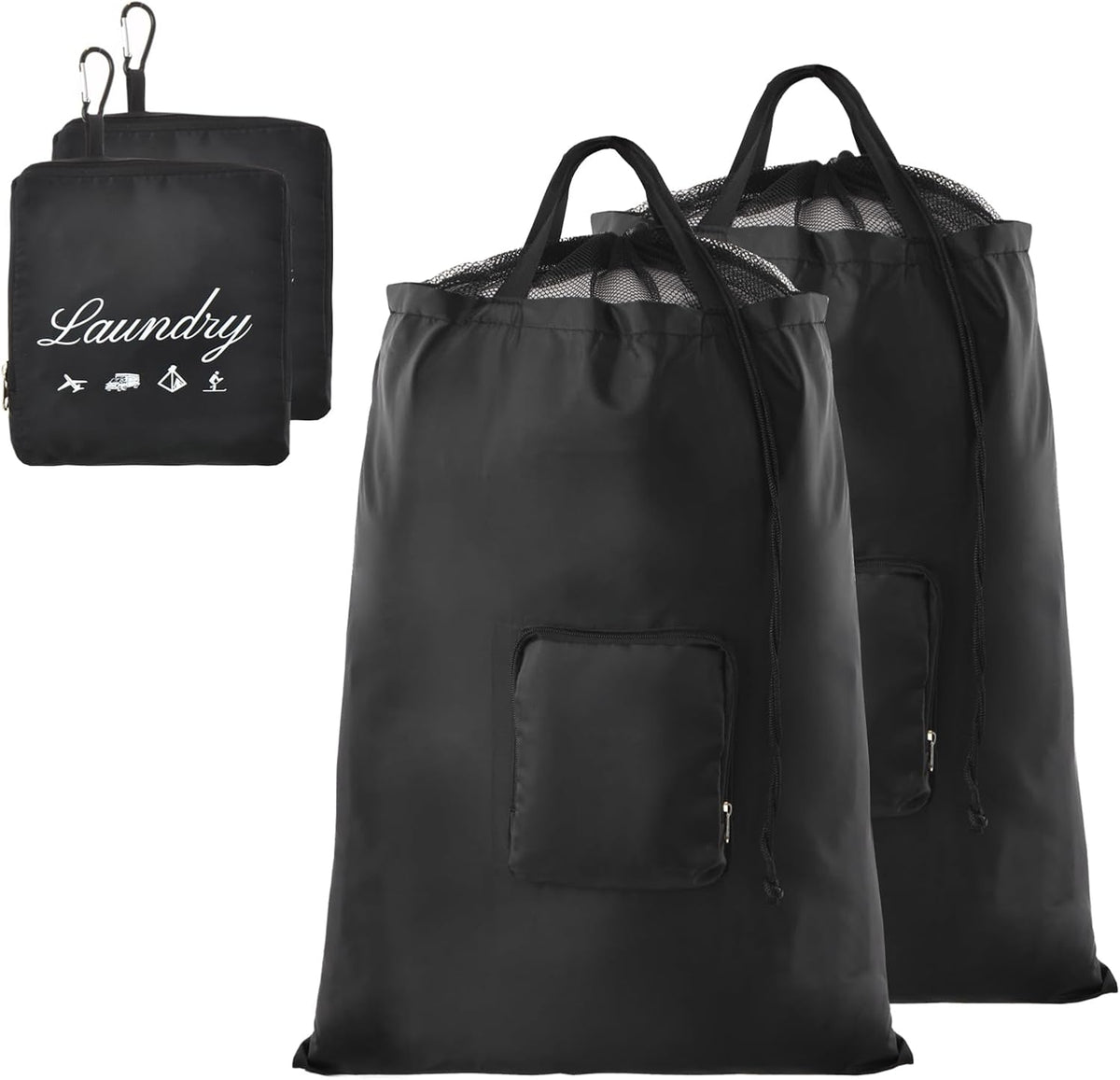 Travel Laundry Bags, 2Pcs Foldable Dirty Clothes Bag 【Upgraded】 with Fixed Drawstring Net, Handles and Carabiner, Portable Laundry Bags for Travel and Fitness (Dark-Black) 30"H x 21"W