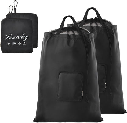 Travel Laundry Bags, 2Pcs Foldable Dirty Clothes Bag 【Upgraded】 with Fixed Drawstring Net, Handles and Carabiner, Portable Laundry Bags for Travel and Fitness (Dark-Black) 30"H x 21"W