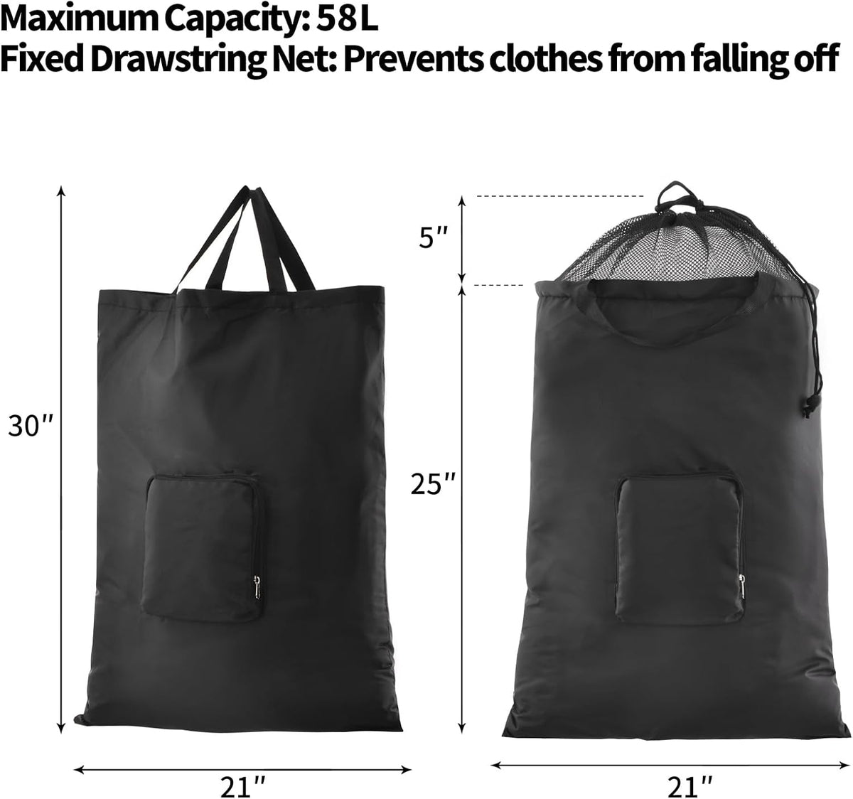 Travel Laundry Bags, 2Pcs Foldable Dirty Clothes Bag 【Upgraded】 with Fixed Drawstring Net, Handles and Carabiner, Portable Laundry Bags for Travel and Fitness (Dark-Black) 30"H x 21"W
