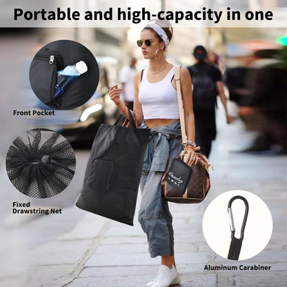 Travel Laundry Bags, 2Pcs Foldable Dirty Clothes Bag 【Upgraded】 with Fixed Drawstring Net, Handles and Carabiner, Portable Laundry Bags for Travel and Fitness (Dark-Black) 30"H x 21"W