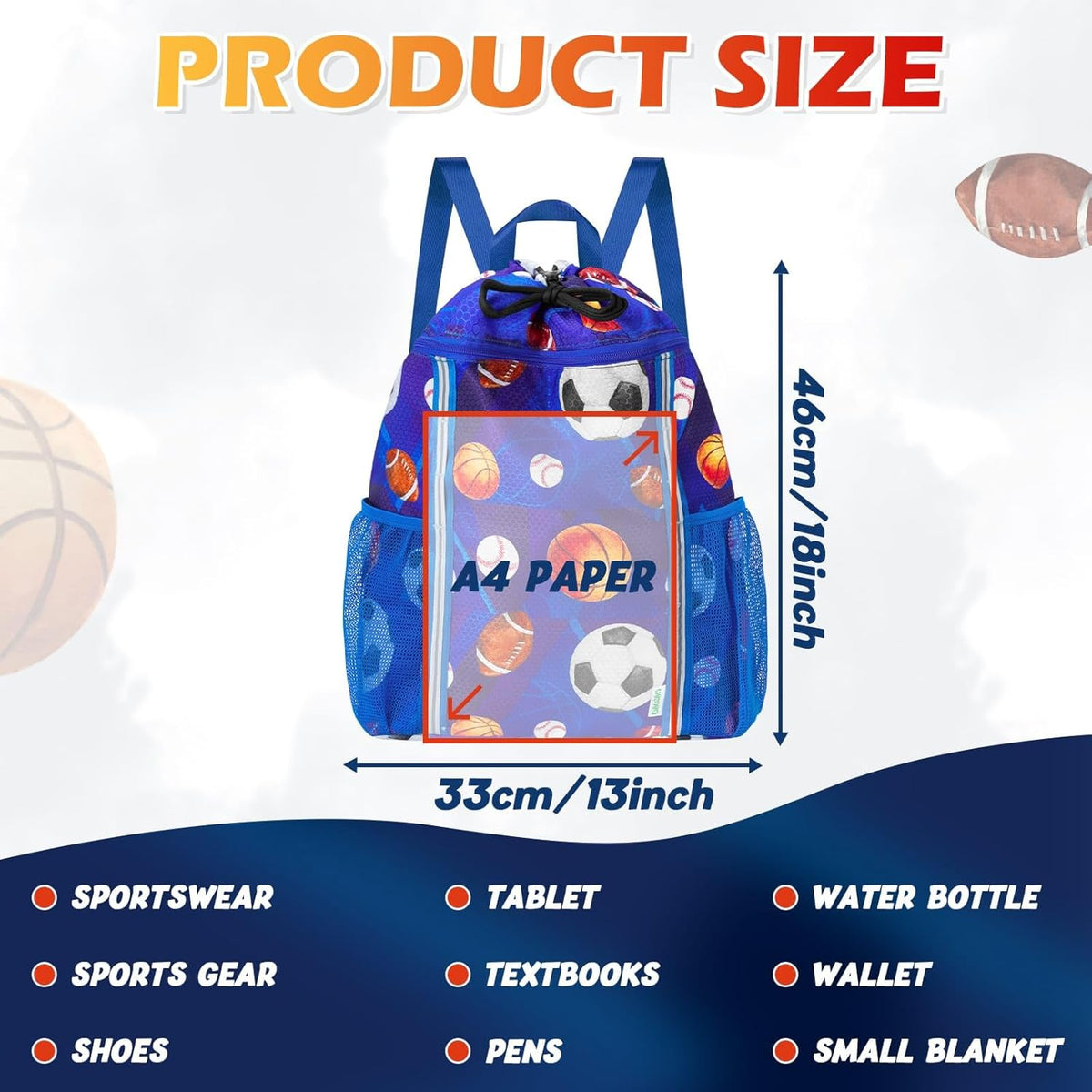 Kids Gym Drawstring Backpack String Bag, Shark Sports Gym Bag for Kids Boys Waterproof Swimming Beach String Cinch Backpack with Two Water Bottle Pocket