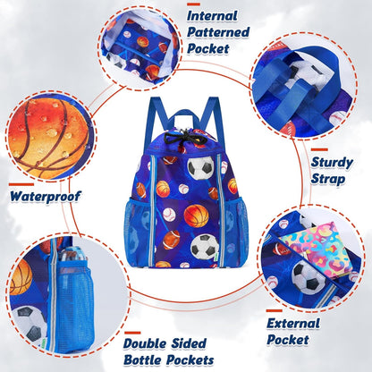 Kids Gym Drawstring Backpack String Bag, Shark Sports Gym Bag for Kids Boys Waterproof Swimming Beach String Cinch Backpack with Two Water Bottle Pocket