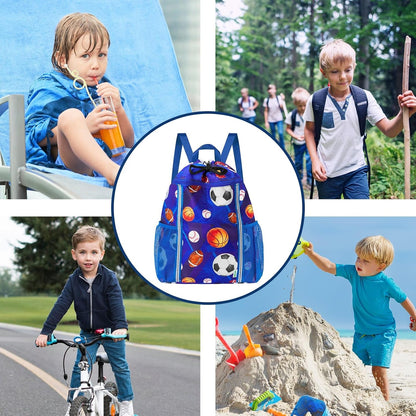 Kids Gym Drawstring Backpack String Bag, Shark Sports Gym Bag for Kids Boys Waterproof Swimming Beach String Cinch Backpack with Two Water Bottle Pocket