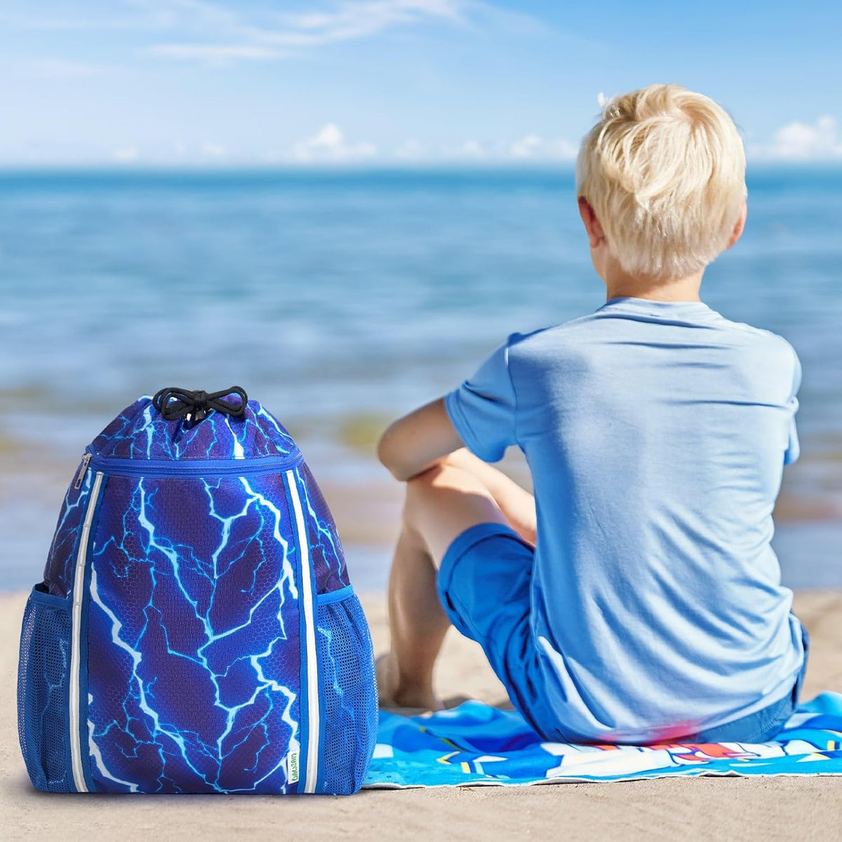 Kids Gym Drawstring Backpack String Bag, Shark Sports Gym Bag for Kids Boys Waterproof Swimming Beach String Cinch Backpack with Two Water Bottle Pocket