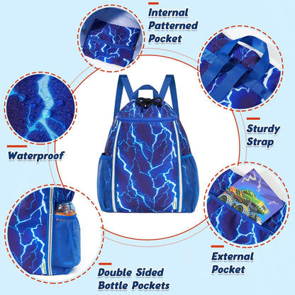 Kids Gym Drawstring Backpack String Bag, Shark Sports Gym Bag for Kids Boys Waterproof Swimming Beach String Cinch Backpack with Two Water Bottle Pocket