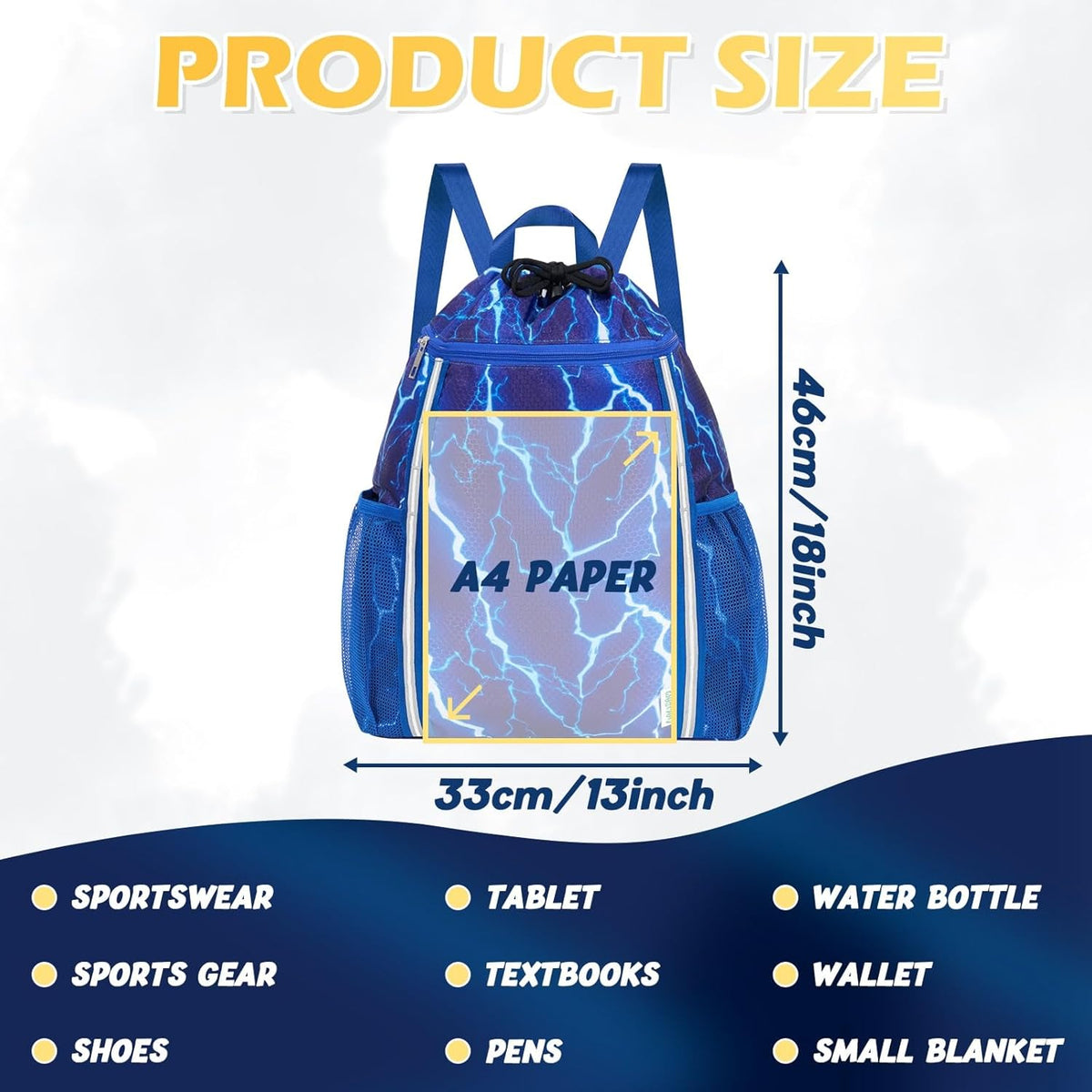 Kids Gym Drawstring Backpack String Bag, Shark Sports Gym Bag for Kids Boys Waterproof Swimming Beach String Cinch Backpack with Two Water Bottle Pocket