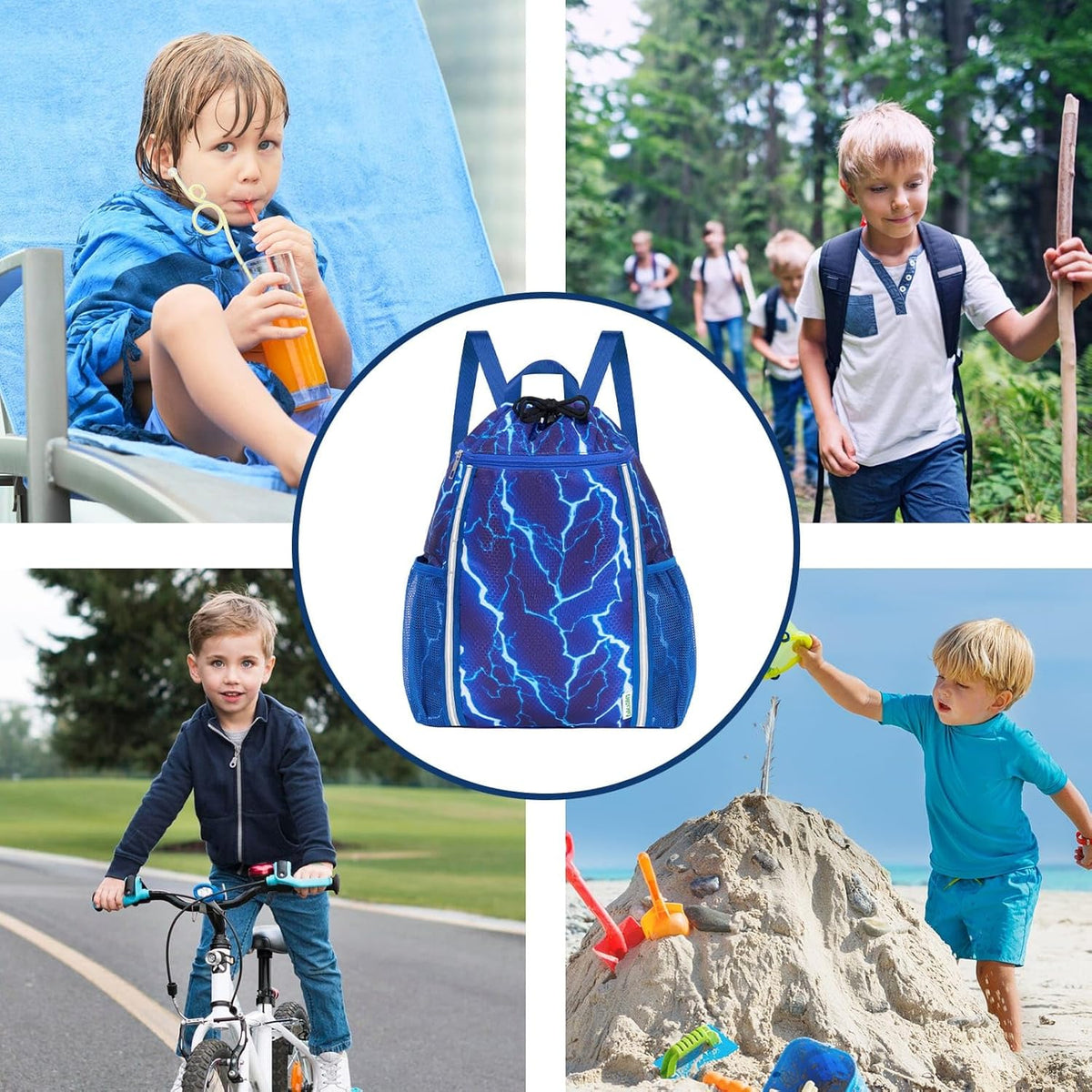 Kids Gym Drawstring Backpack String Bag, Shark Sports Gym Bag for Kids Boys Waterproof Swimming Beach String Cinch Backpack with Two Water Bottle Pocket