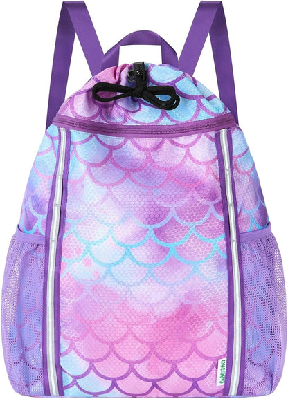 Kids Gym Drawstring Backpack String Bag, Shark Sports Gym Bag for Kids Boys Waterproof Swimming Beach String Cinch Backpack with Two Water Bottle Pocket