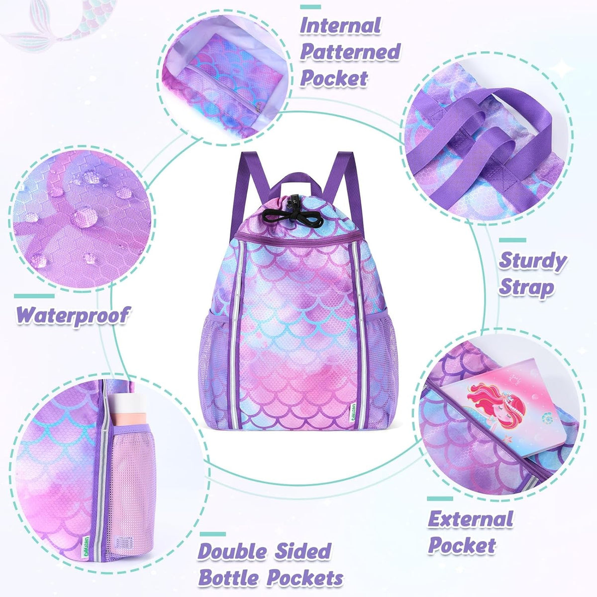Kids Gym Drawstring Backpack String Bag, Shark Sports Gym Bag for Kids Boys Waterproof Swimming Beach String Cinch Backpack with Two Water Bottle Pocket
