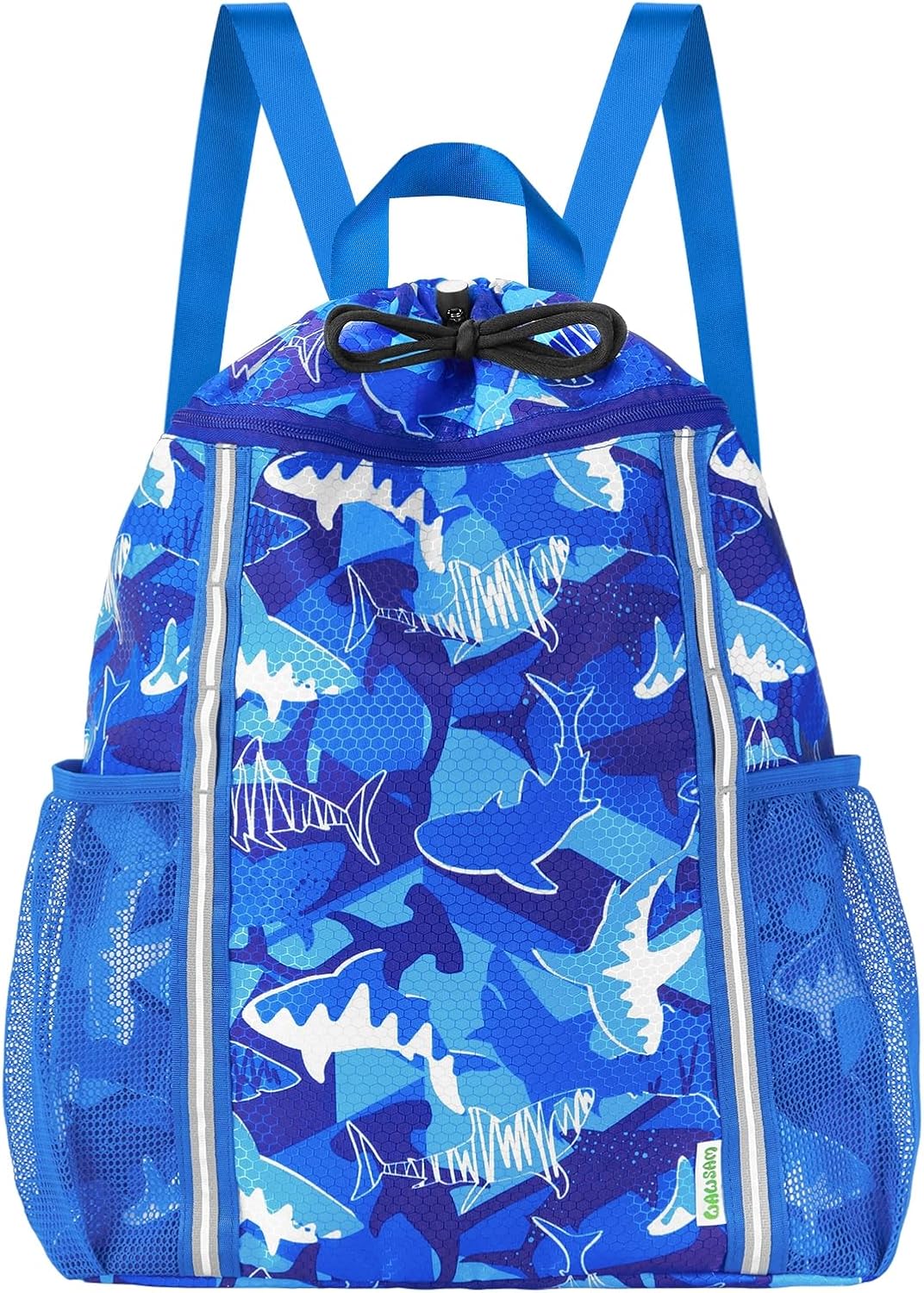 Kids Gym Drawstring Backpack String Bag, Shark Sports Gym Bag for Kids Boys Waterproof Swimming Beach String Cinch Backpack with Two Water Bottle Pocket