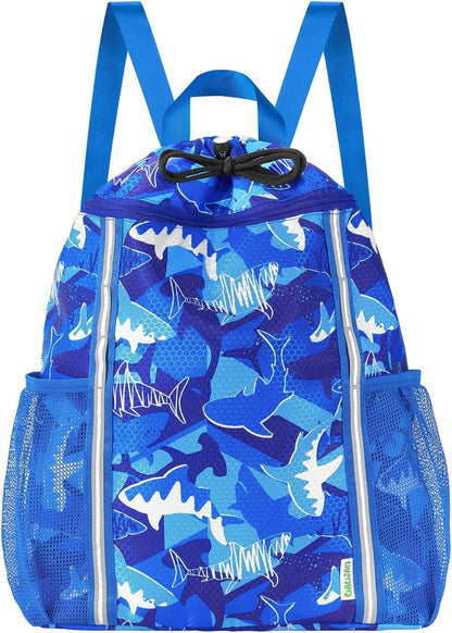 Kids Gym Drawstring Backpack String Bag, Shark Sports Gym Bag for Kids Boys Waterproof Swimming Beach String Cinch Backpack with Two Water Bottle Pocket