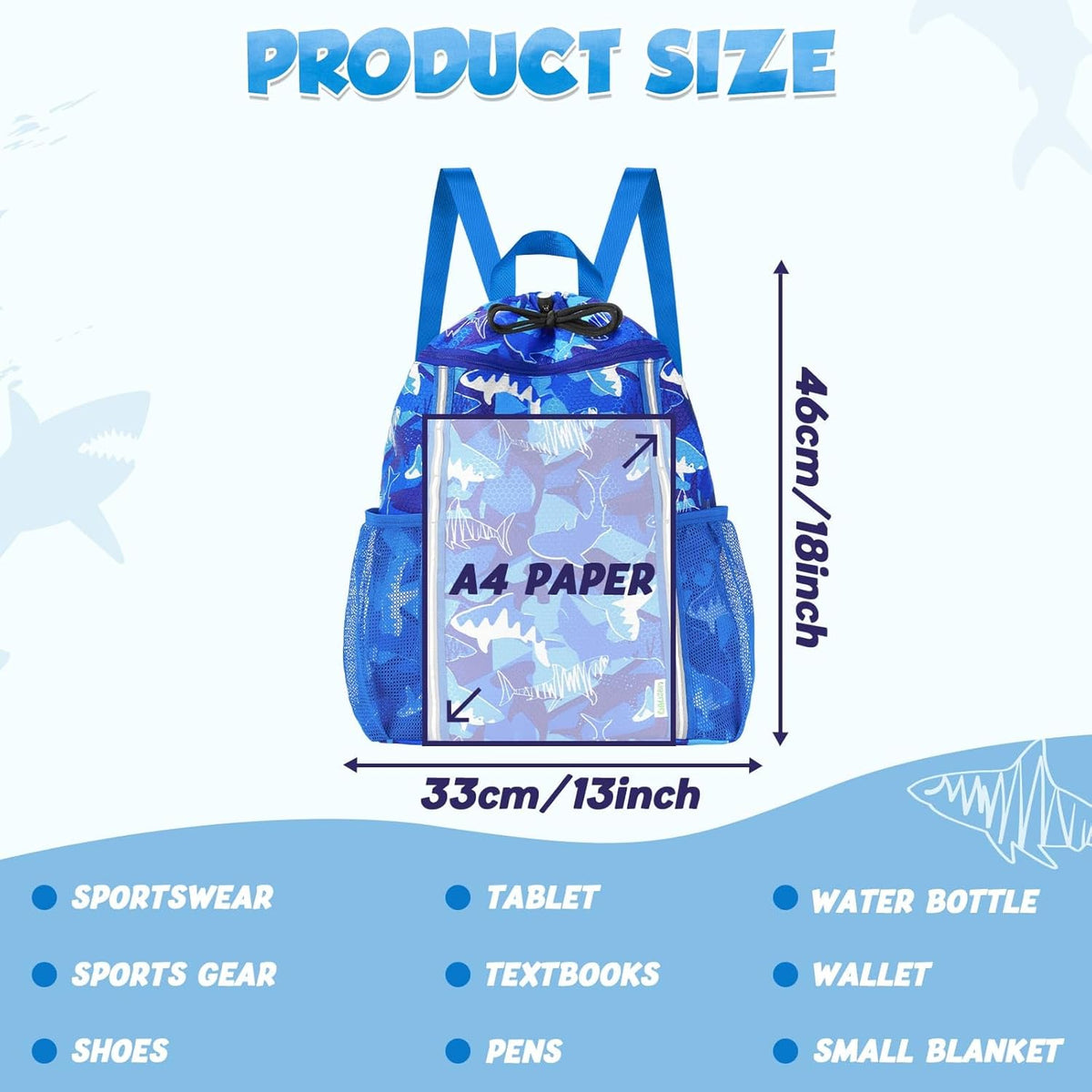 Kids Gym Drawstring Backpack String Bag, Shark Sports Gym Bag for Kids Boys Waterproof Swimming Beach String Cinch Backpack with Two Water Bottle Pocket
