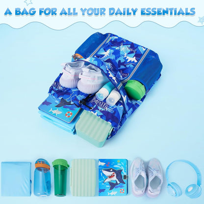 Kids Gym Drawstring Backpack String Bag, Shark Sports Gym Bag for Kids Boys Waterproof Swimming Beach String Cinch Backpack with Two Water Bottle Pocket